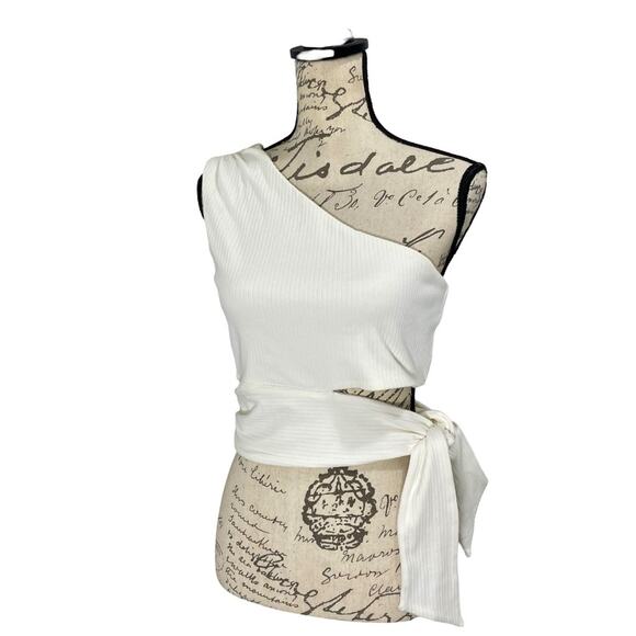 Lovers & Friends White Ribbed Knit One-Shoulder Blouse Size Large - Picture 1 of 10